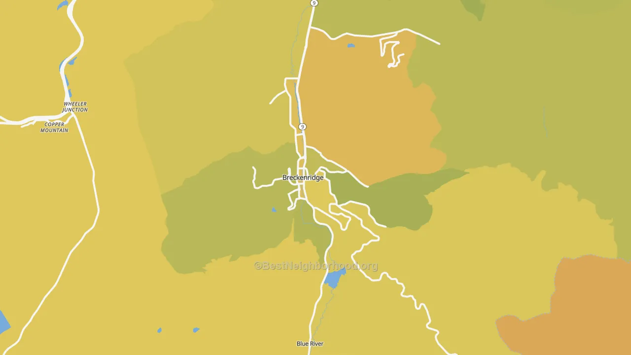 Map of the best neighborhoods in the 80424 area, with better matches in green and worse matches in red