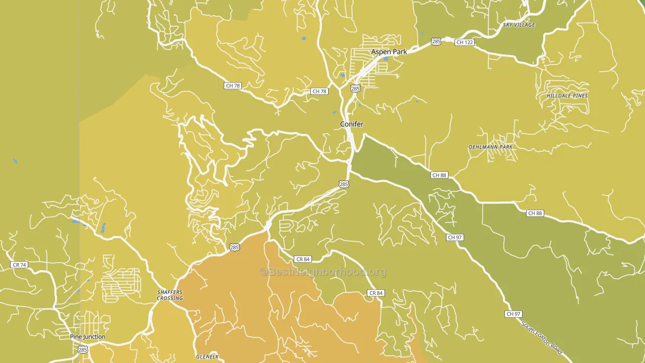 Map of the best neighborhoods in the 80433 area, with better matches in green and worse matches in red