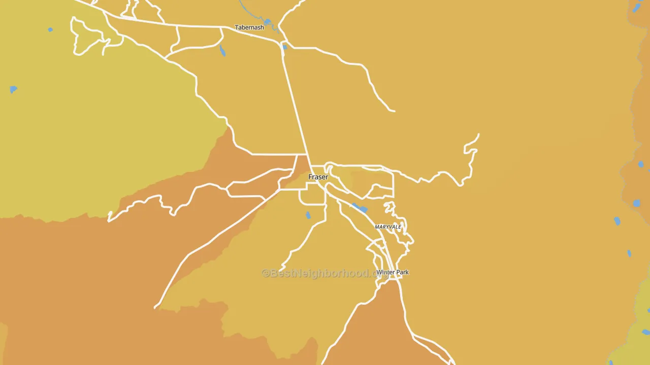 Map of the best neighborhoods in the 80442 area, with better matches in green and worse matches in red