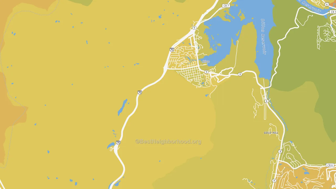 Map of the best neighborhoods in the 80443 area, with better matches in green and worse matches in red