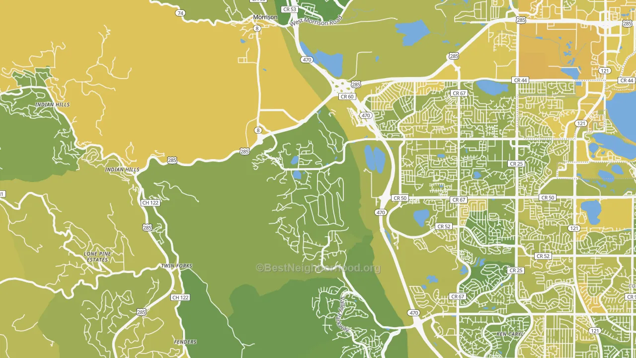 Map of the best neighborhoods in the 80465 area, with better matches in green and worse matches in red