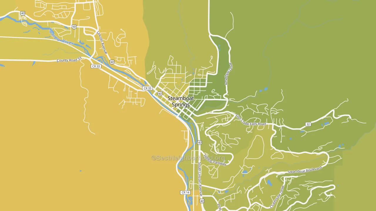 Map of the best neighborhoods in the 80477 area, with better matches in green and worse matches in red
