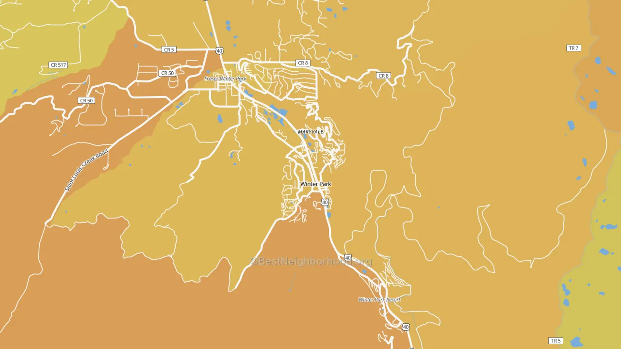 Map of the best neighborhoods in the 80482 area, with better matches in green and worse matches in red