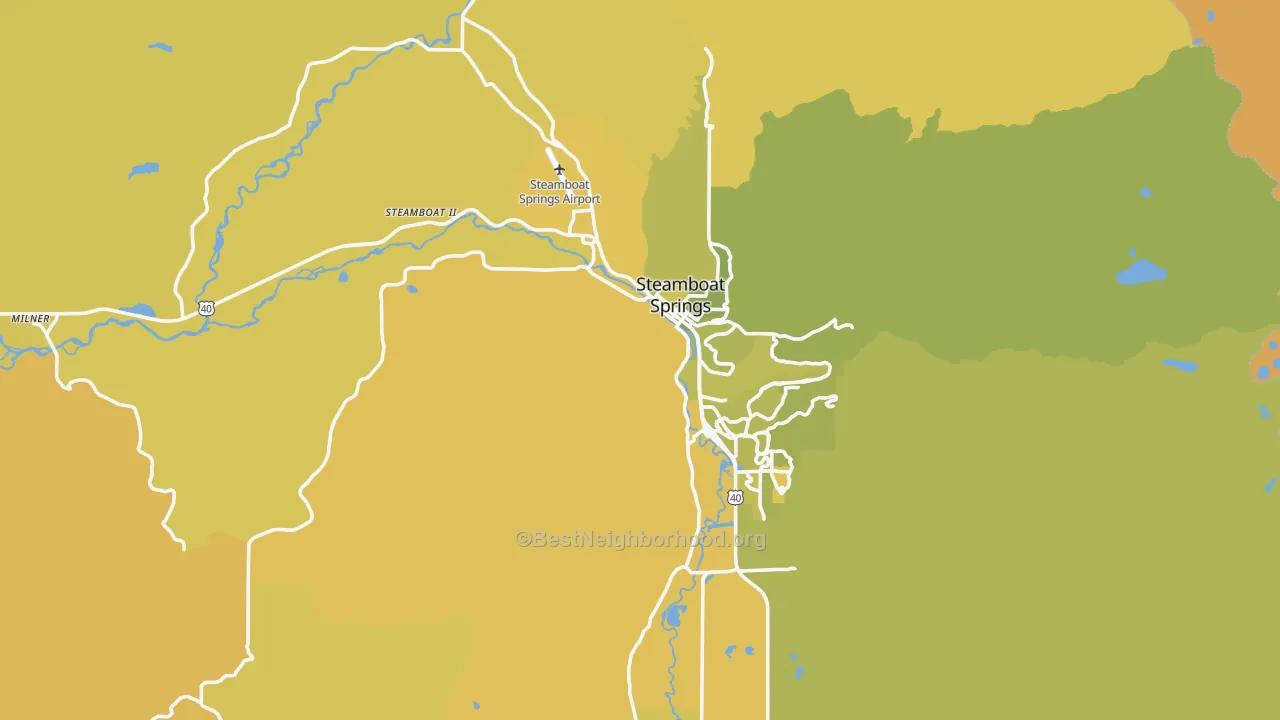 Map of the best neighborhoods in the 80487 area, with better matches in green and worse matches in red