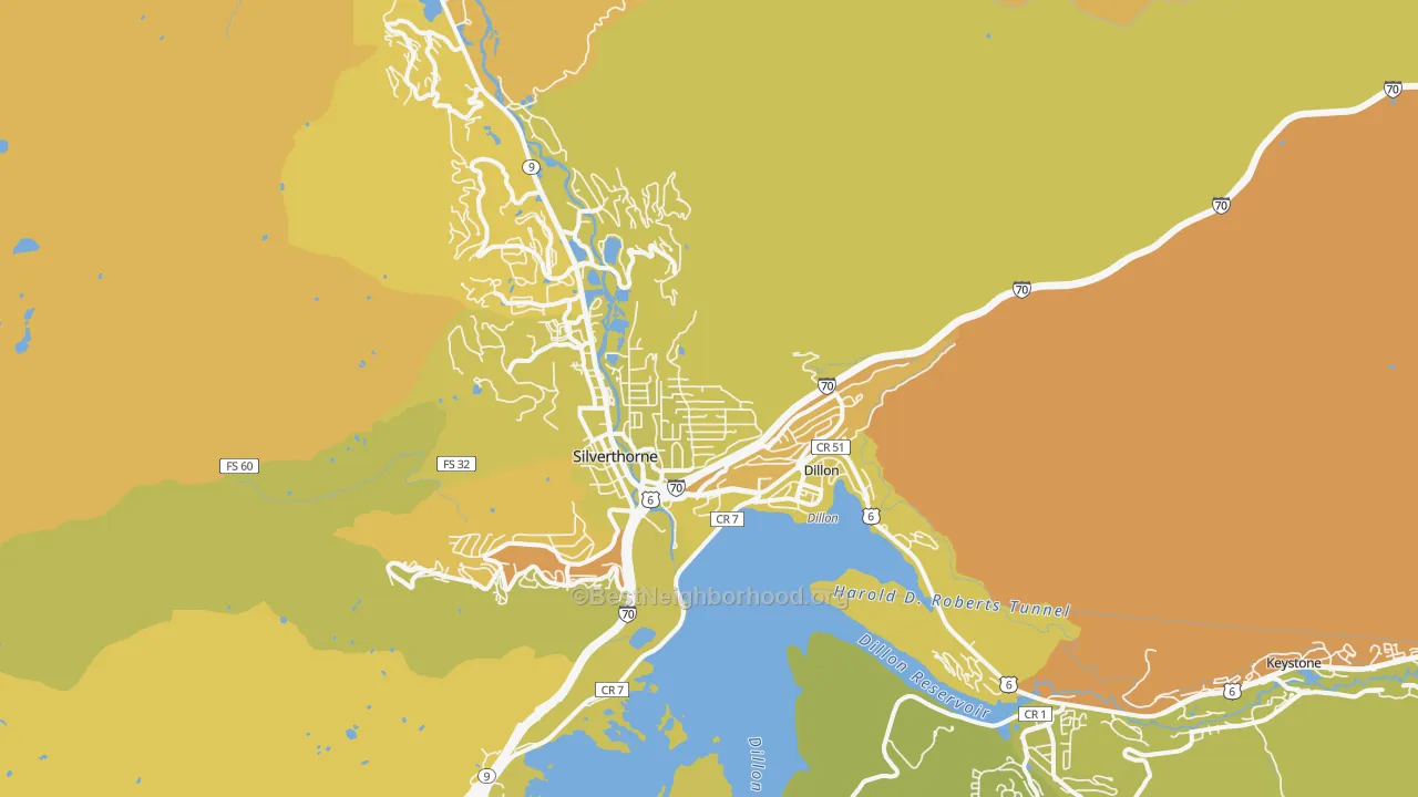 Map of the best neighborhoods in the 80497 area, with better matches in green and worse matches in red
