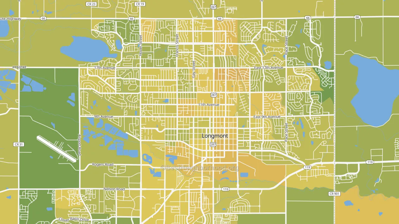 Map of the best neighborhoods in the 80501 area, with better matches in green and worse matches in red