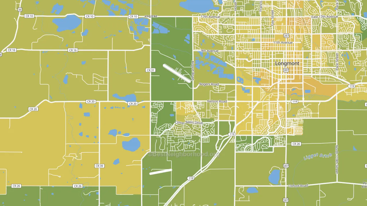 Map of the best neighborhoods in the 80503 area, with better matches in green and worse matches in red