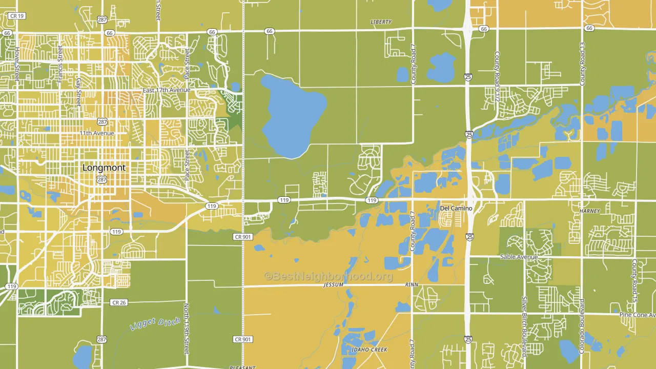 Map of the best neighborhoods in the 80504 area, with better matches in green and worse matches in red