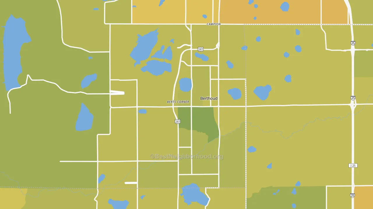Map of the best neighborhoods in the 80513 area, with better matches in green and worse matches in red