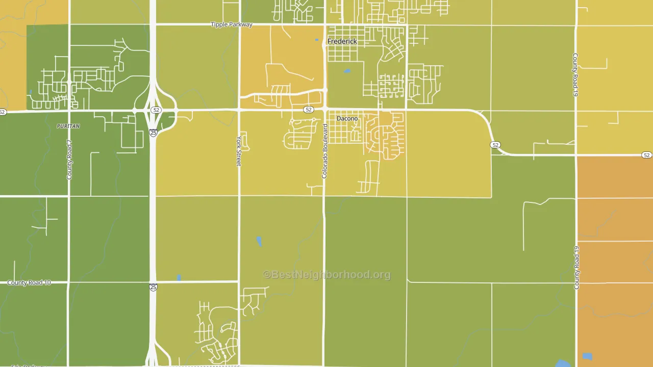 Map of the best neighborhoods in the 80514 area, with better matches in green and worse matches in red