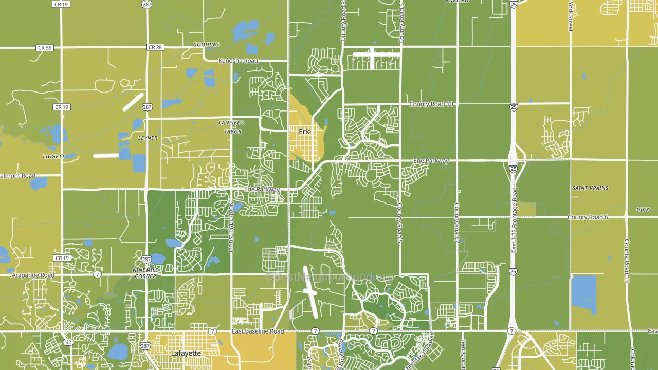 Map of the best neighborhoods in the 80516 area, with better matches in green and worse matches in red