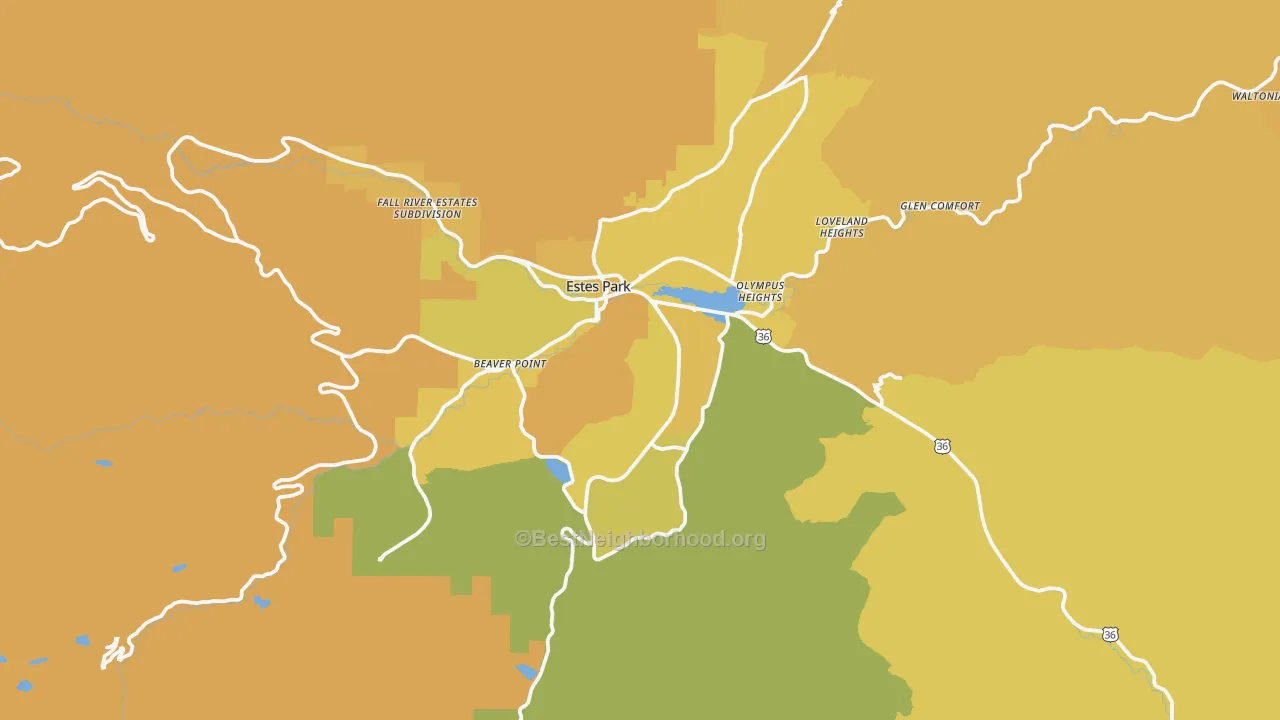 Map of the best neighborhoods in the 80517 area, with better matches in green and worse matches in red