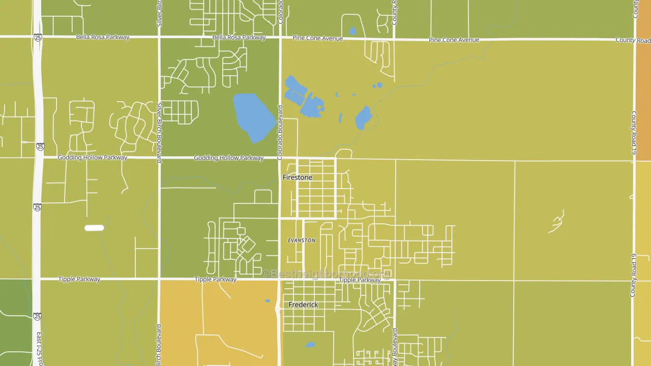 Map of the best neighborhoods in the 80520 area, with better matches in green and worse matches in red