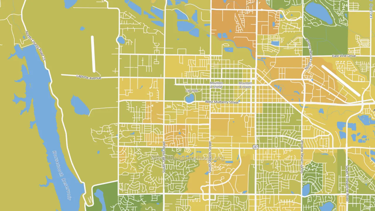 Map of the best neighborhoods in the 80521 area, with better matches in green and worse matches in red