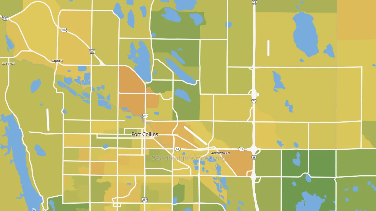 Map of the best neighborhoods in the 80524 area, with better matches in green and worse matches in red