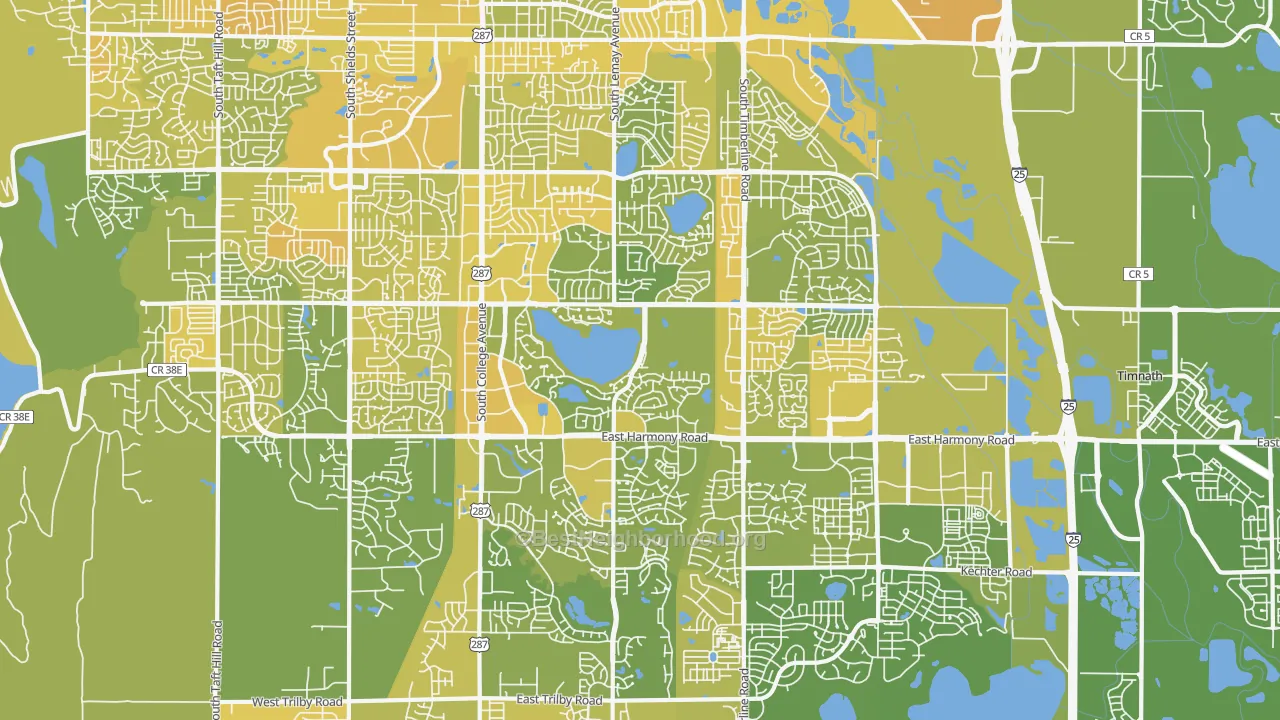 Map of the best neighborhoods in the 80525 area, with better matches in green and worse matches in red