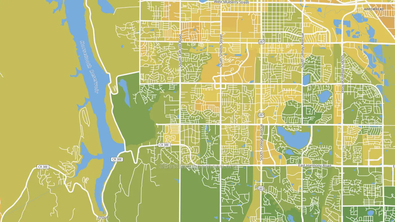 Map of the best neighborhoods in the 80526 area, with better matches in green and worse matches in red