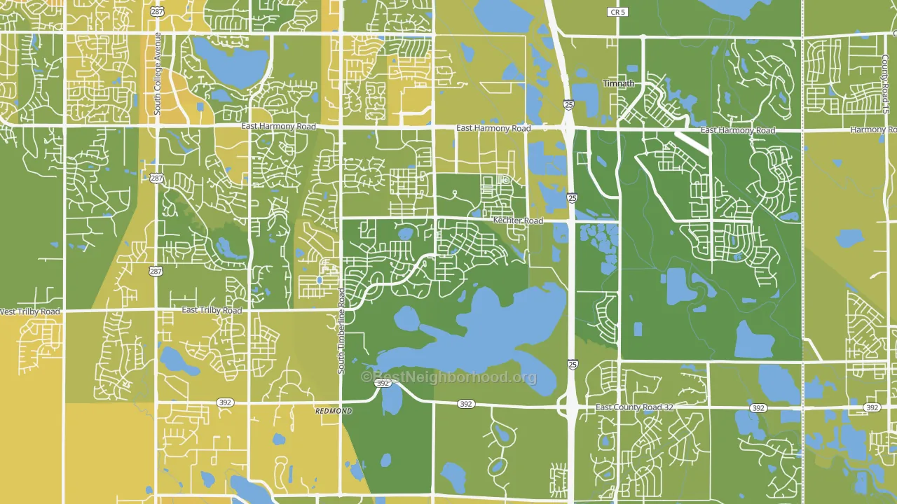 Map of the best neighborhoods in the 80528 area, with better matches in green and worse matches in red