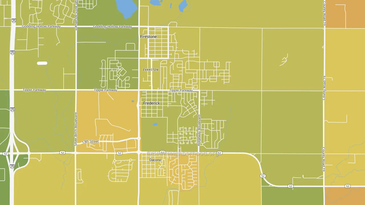 Map of the best neighborhoods in the 80530 area, with better matches in green and worse matches in red