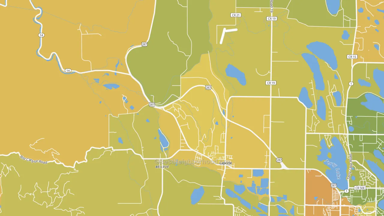 Map of the best neighborhoods in the 80535 area, with better matches in green and worse matches in red
