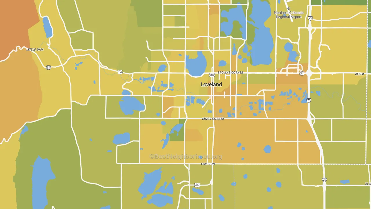 Map of the best neighborhoods in the 80537 area, with better matches in green and worse matches in red