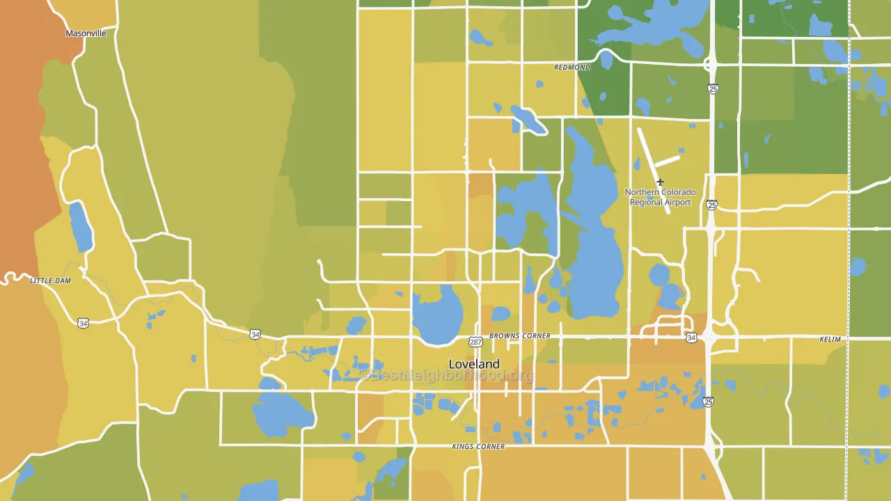Map of the best neighborhoods in the 80538 area, with better matches in green and worse matches in red