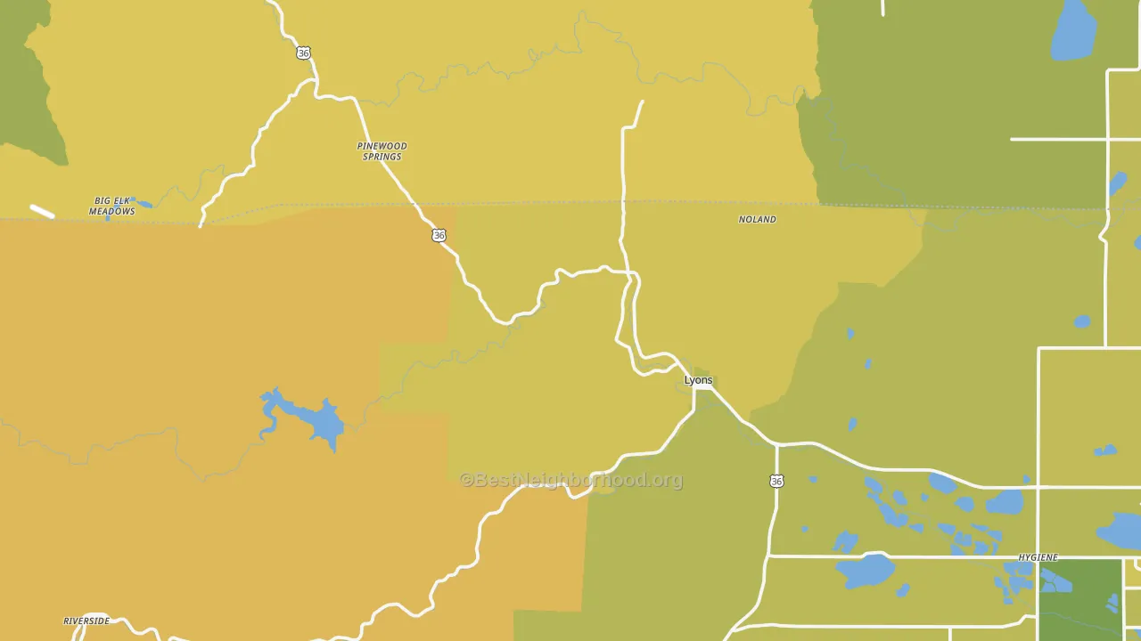 Map of the best neighborhoods in the 80540 area, with better matches in green and worse matches in red