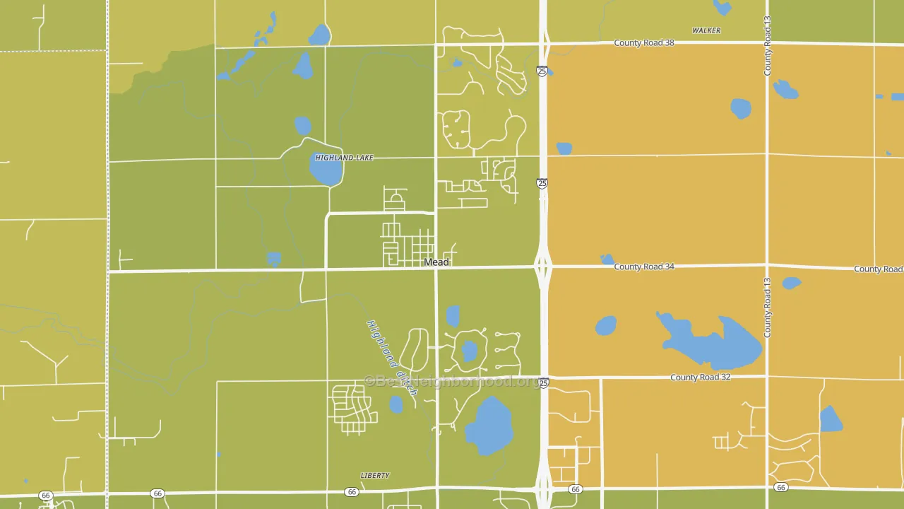Map of the best neighborhoods in the 80542 area, with better matches in green and worse matches in red