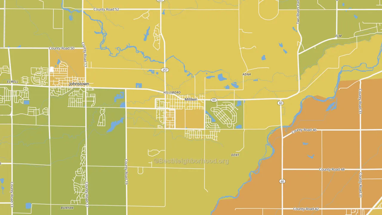 Map of the best neighborhoods in the 80543 area, with better matches in green and worse matches in red