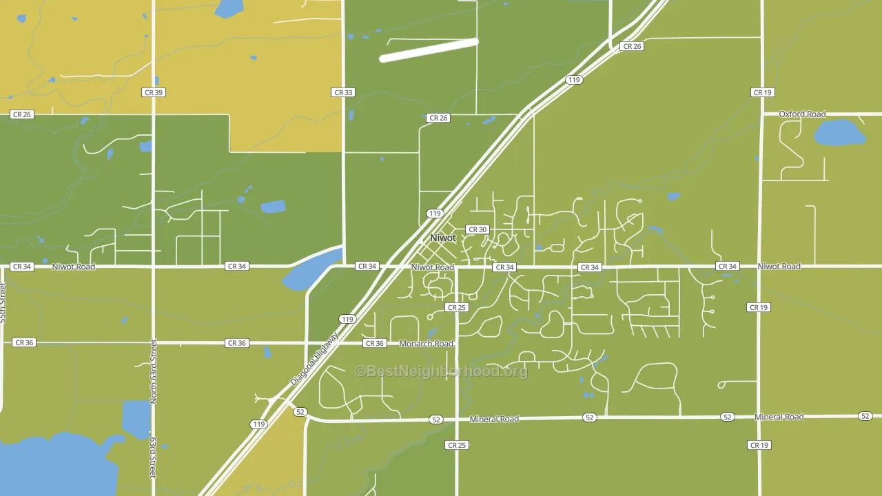 Map of the best neighborhoods in the 80544 area, with better matches in green and worse matches in red