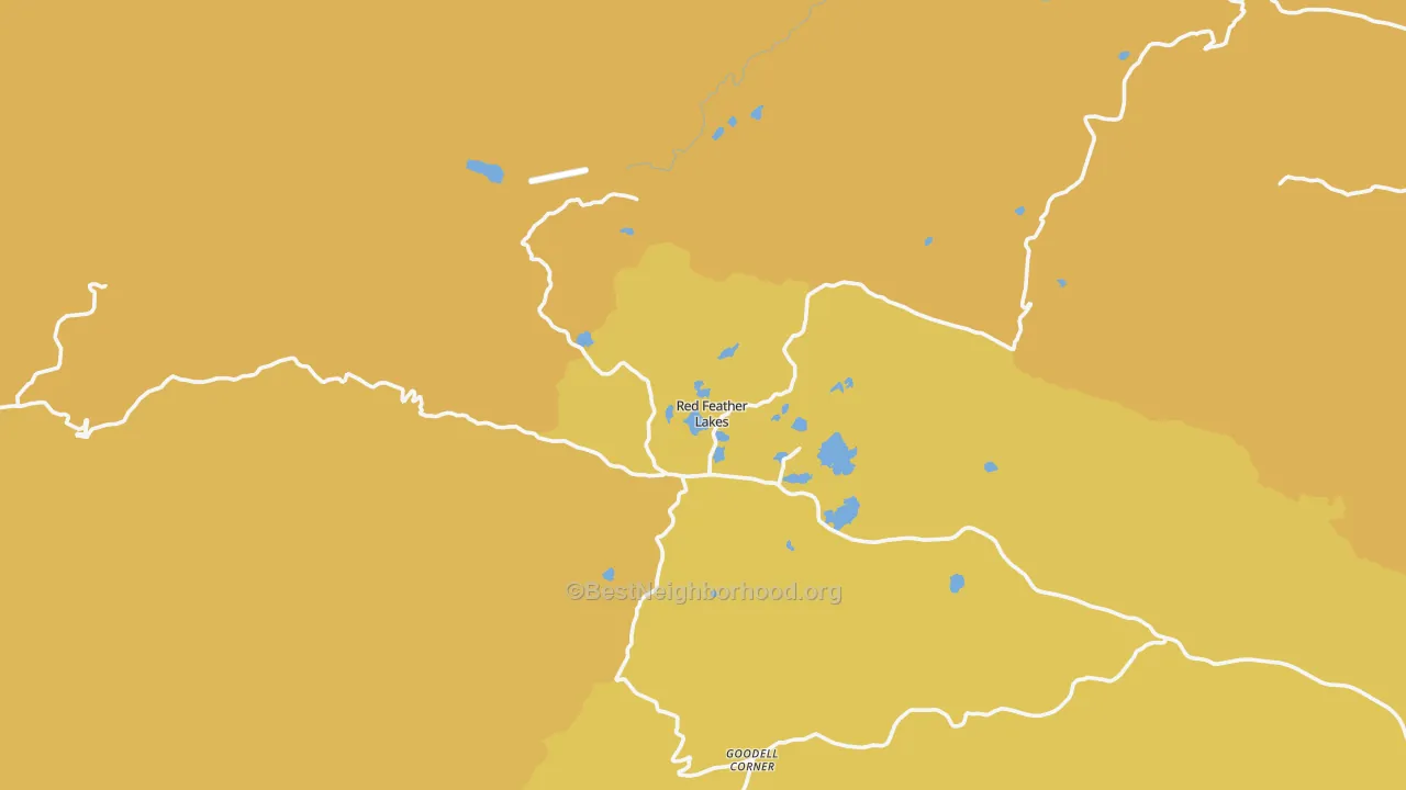 Map of the best neighborhoods in the 80545 area, with better matches in green and worse matches in red