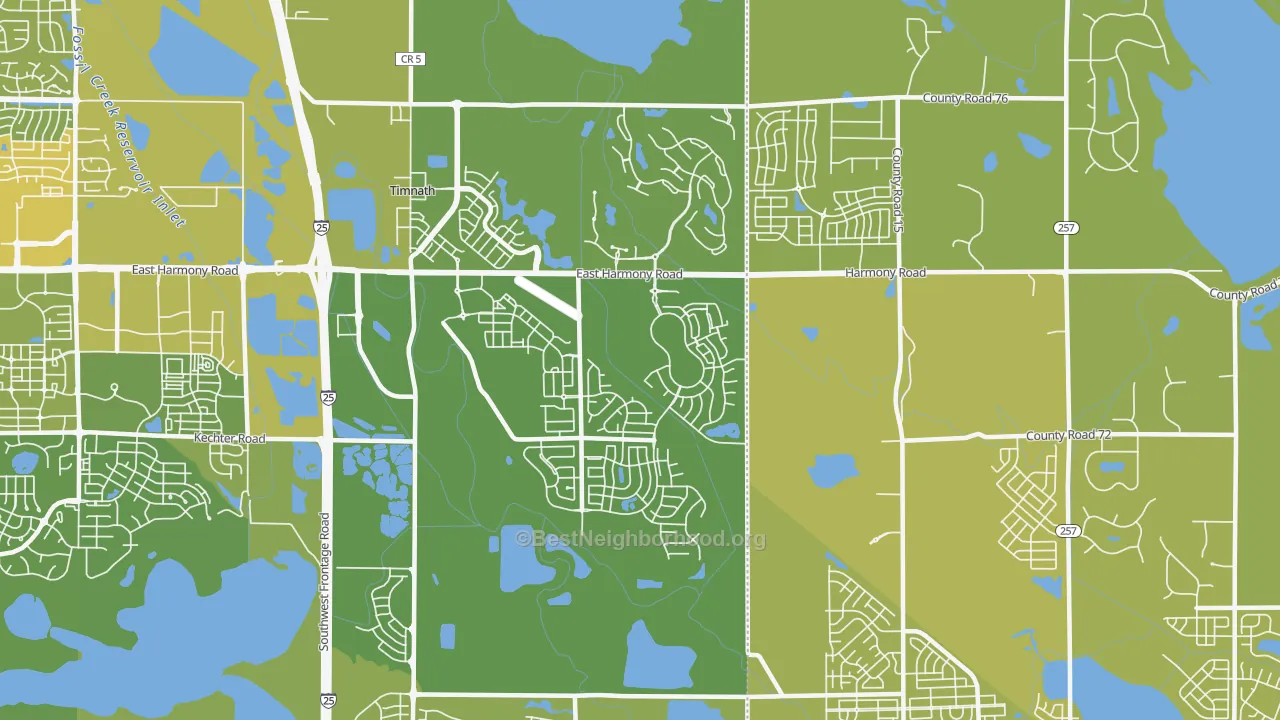 Map of the best neighborhoods in the 80547 area, with better matches in green and worse matches in red