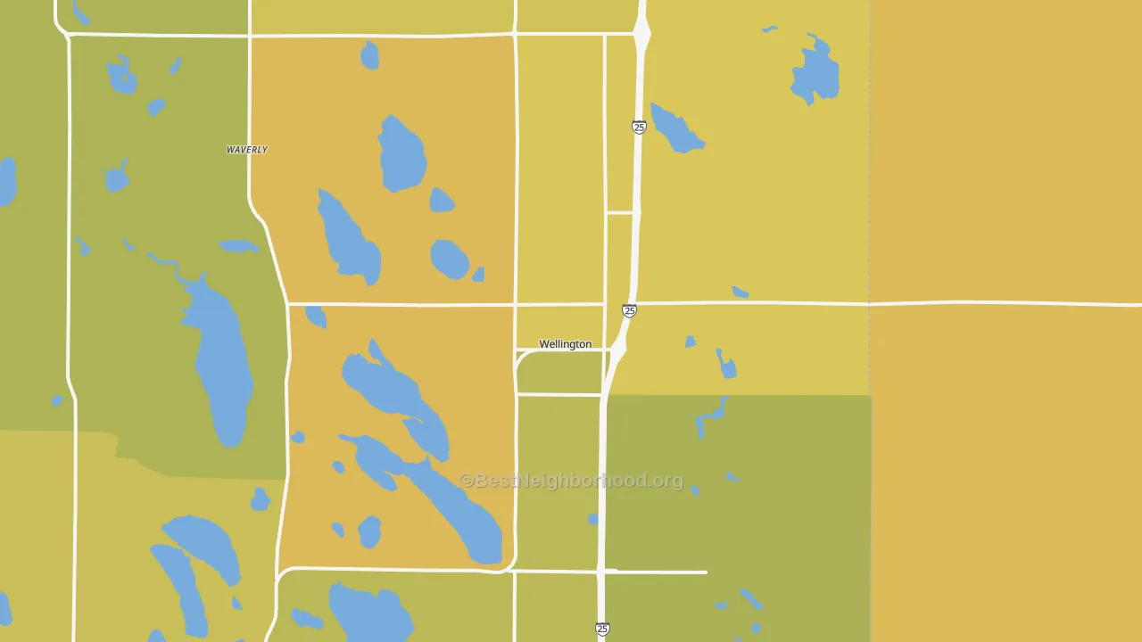 Map of the best neighborhoods in the 80549 area, with better matches in green and worse matches in red