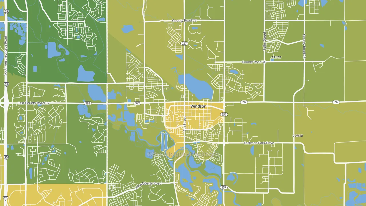 Map of the best neighborhoods in the 80550 area, with better matches in green and worse matches in red