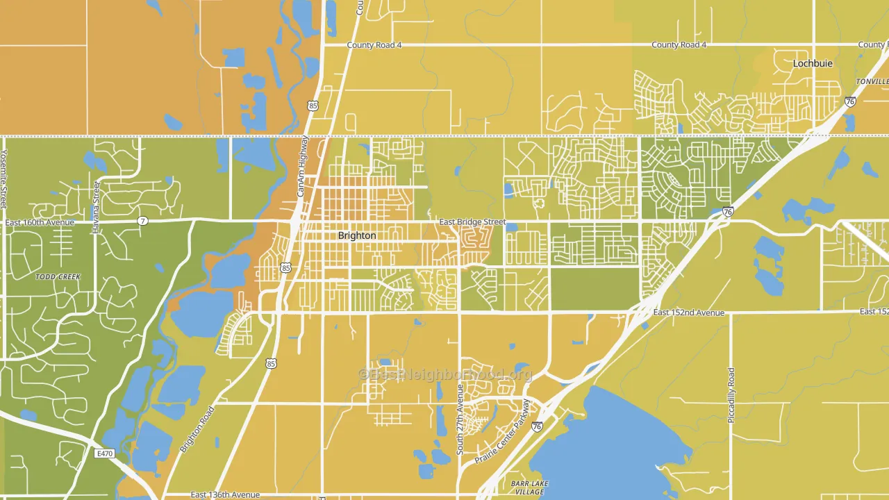 Map of the best neighborhoods in the 80601 area, with better matches in green and worse matches in red