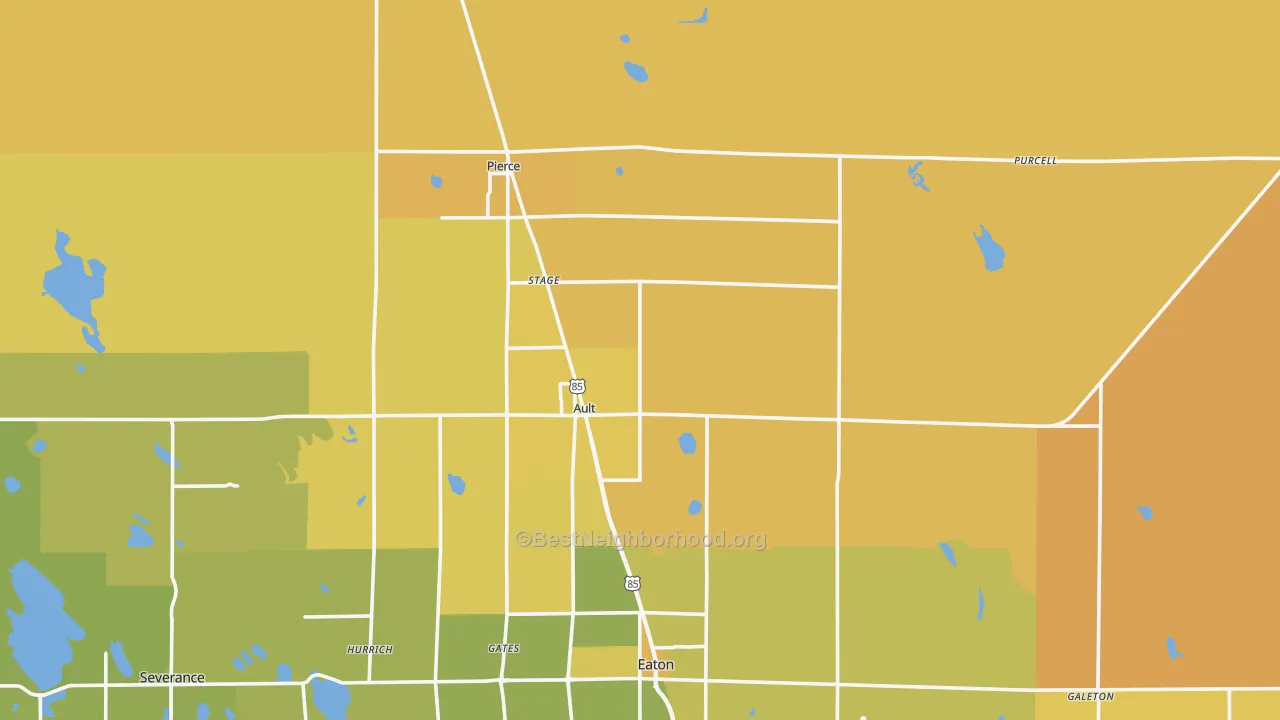 Map of the best neighborhoods in the 80610 area, with better matches in green and worse matches in red
