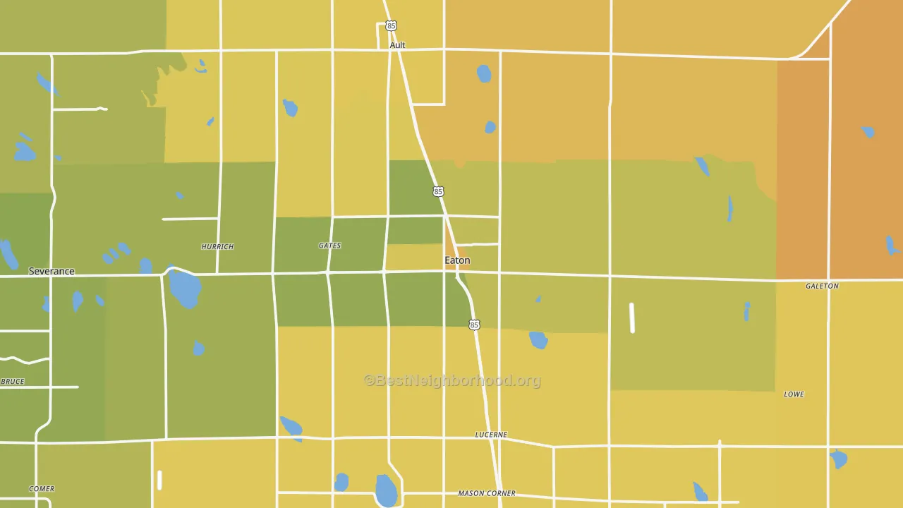 Map of the best neighborhoods in the 80615 area, with better matches in green and worse matches in red