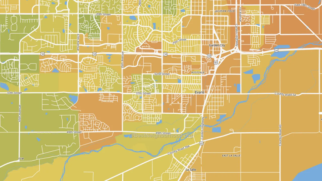 Map of the best neighborhoods in the 80620 area, with better matches in green and worse matches in red
