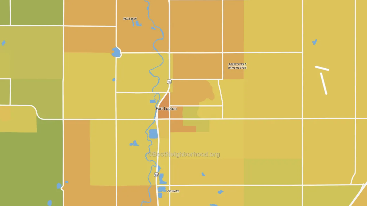 Map of the best neighborhoods in the 80621 area, with better matches in green and worse matches in red