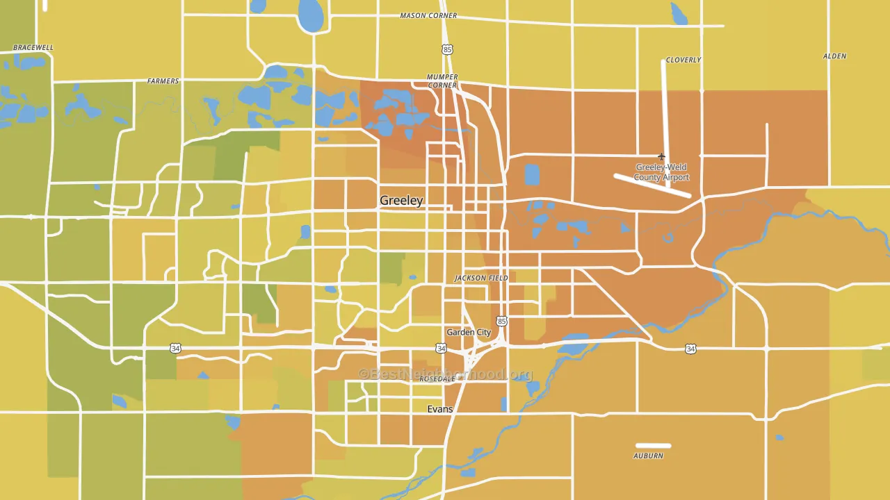Map of the best neighborhoods in the 80631 area, with better matches in green and worse matches in red