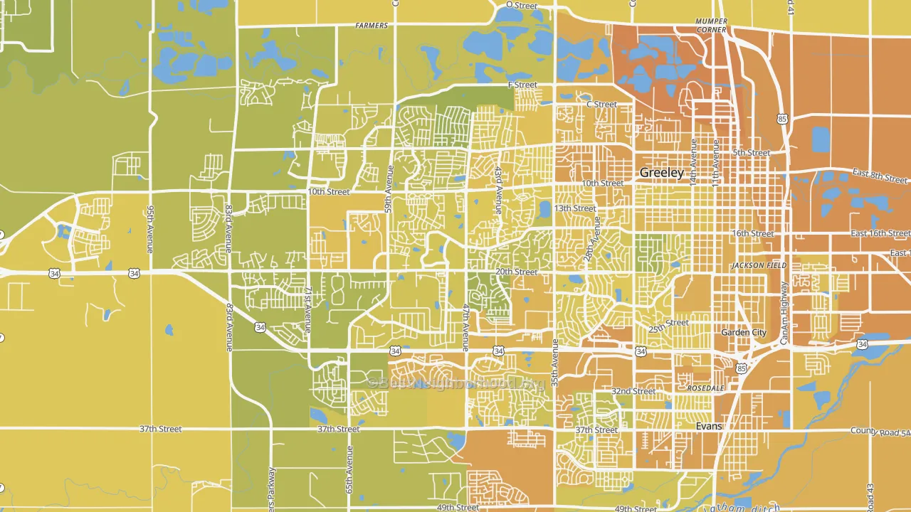 Map of the best neighborhoods in the 80634 area, with better matches in green and worse matches in red