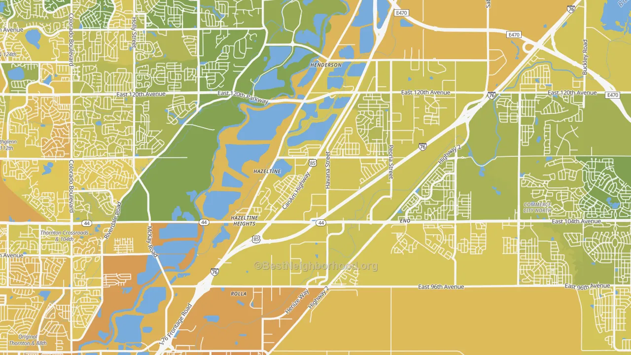 Map of the best neighborhoods in the 80640 area, with better matches in green and worse matches in red