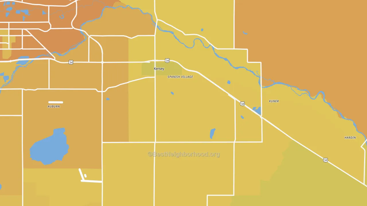 Map of the best neighborhoods in the 80644 area, with better matches in green and worse matches in red