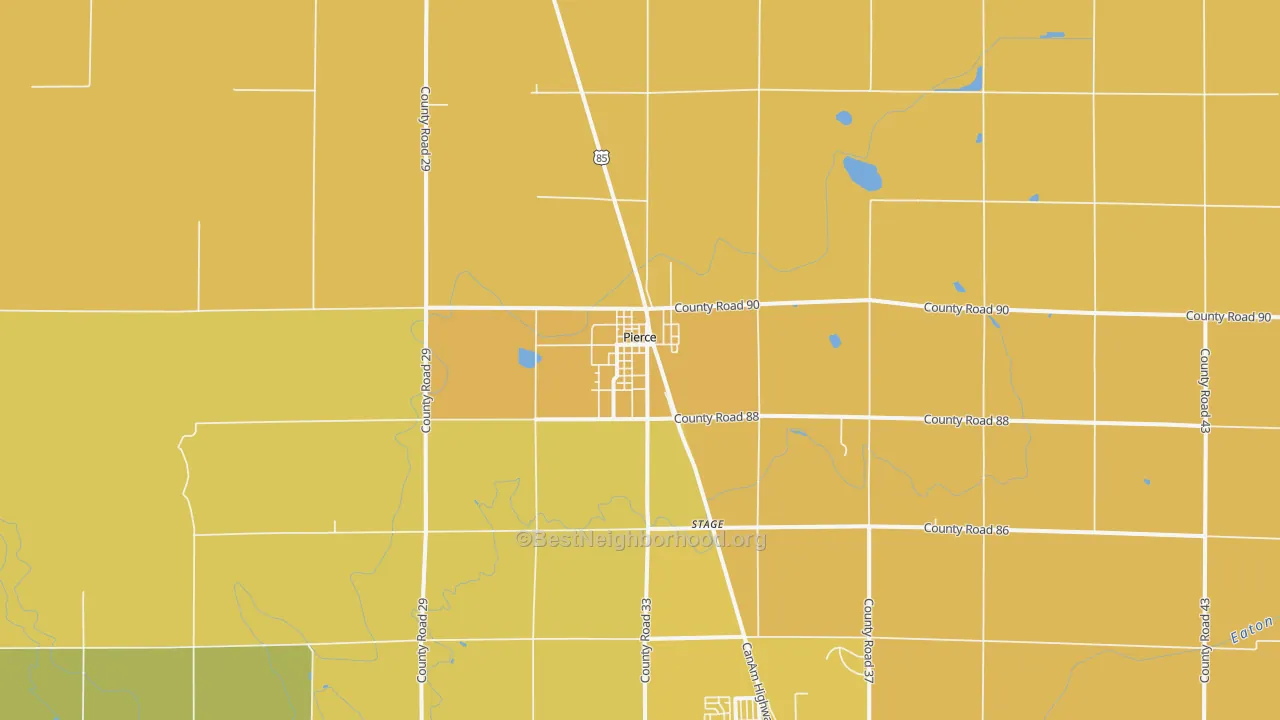 Map of the best neighborhoods in the 80650 area, with better matches in green and worse matches in red