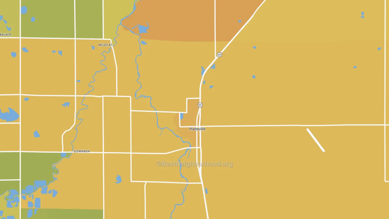 Map of the best neighborhoods in the 80651 area, with better matches in green and worse matches in red