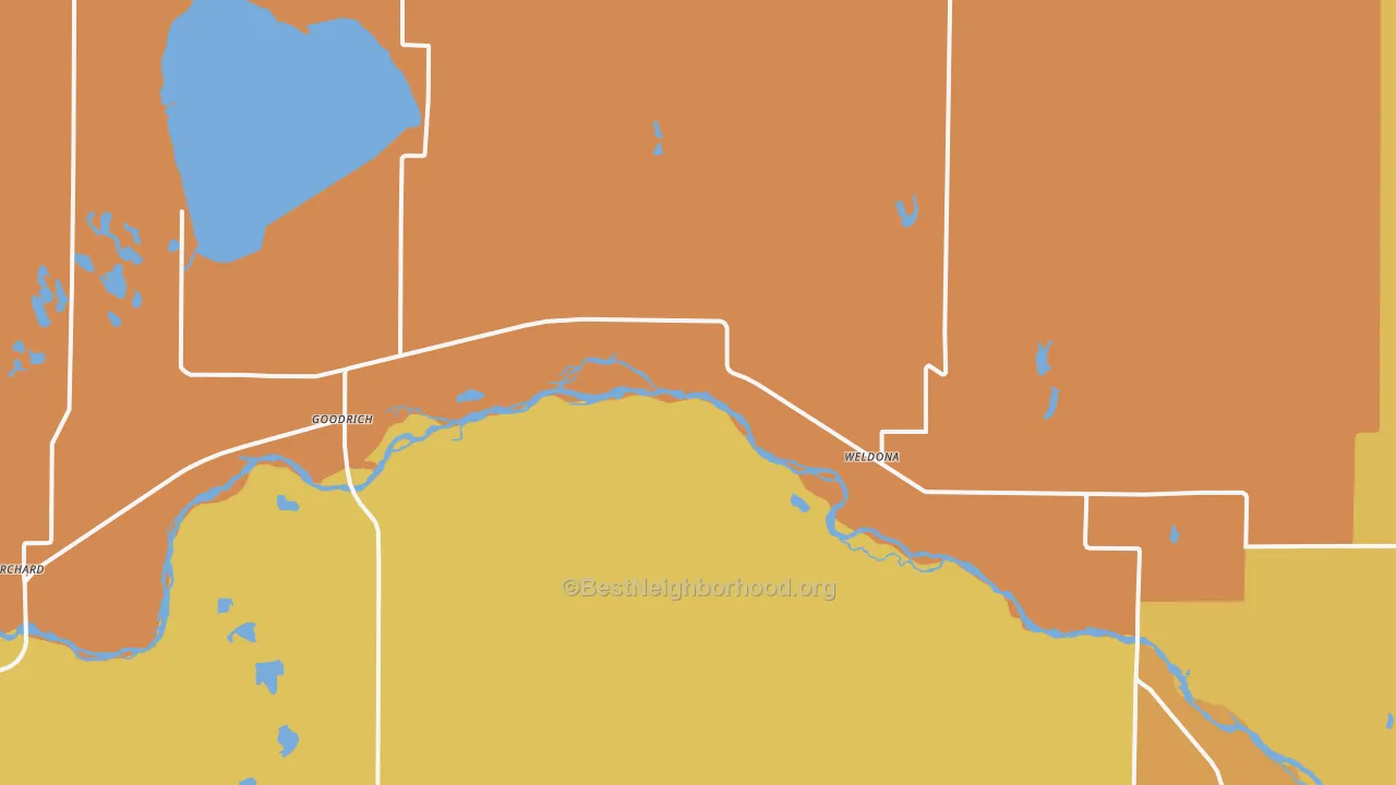 Map of the best neighborhoods in the 80653 area, with better matches in green and worse matches in red