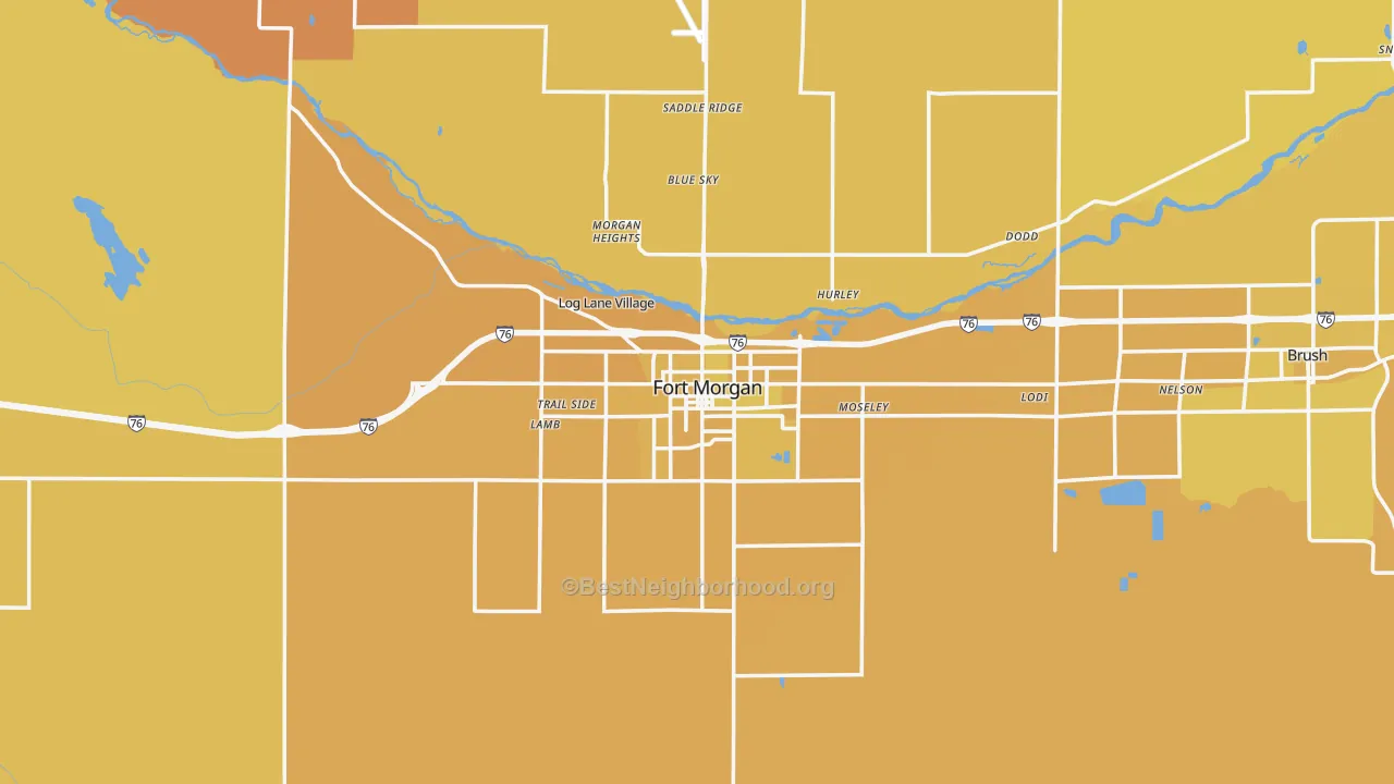 Map of the best neighborhoods in the 80701 area, with better matches in green and worse matches in red