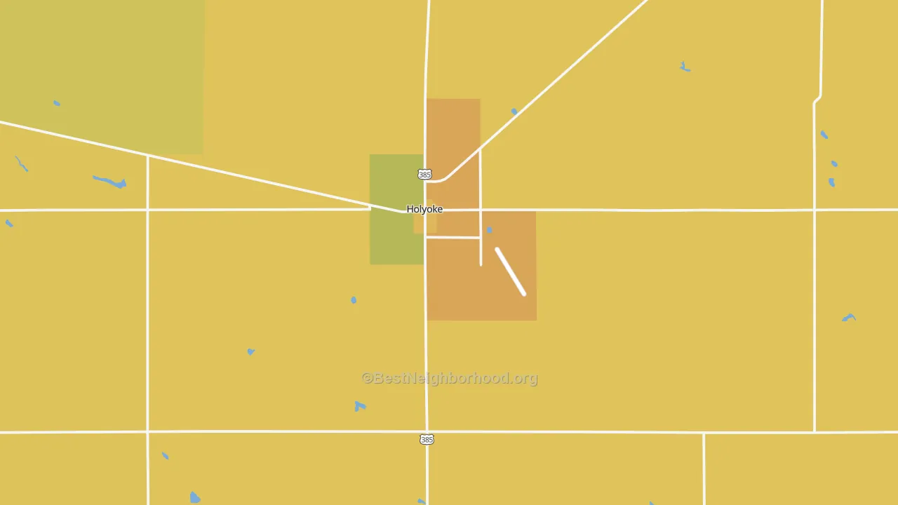 Map of the best neighborhoods in the 80734 area, with better matches in green and worse matches in red