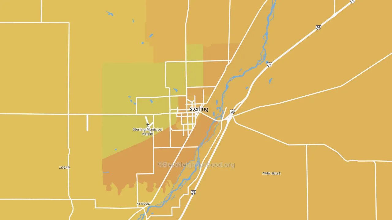 Map of the best neighborhoods in the 80751 area, with better matches in green and worse matches in red