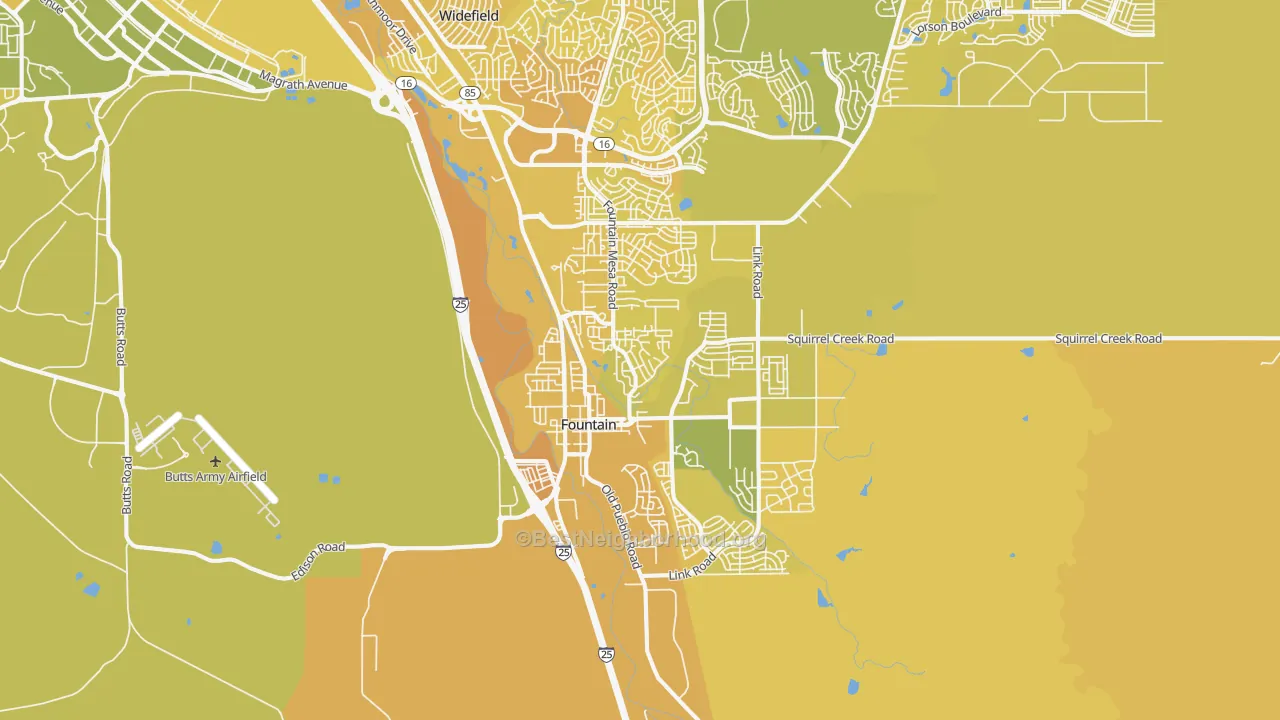 Map of the best neighborhoods in the 80817 area, with better matches in green and worse matches in red